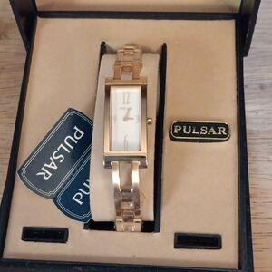 Pulsar Gold Toned Rectangular Watch with White Dial